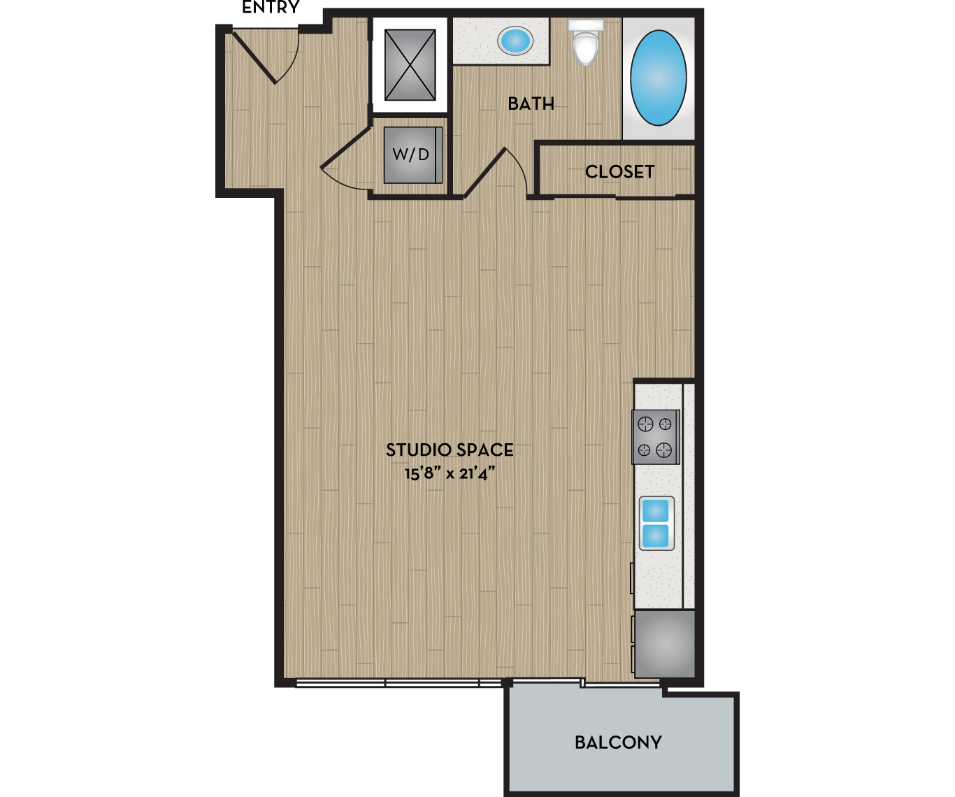 Floor plan for studio, 1 bath, 618 sqft
