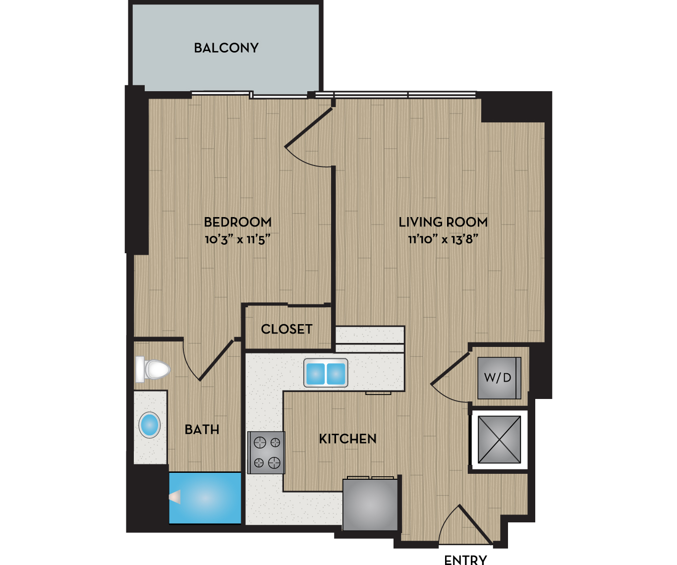 Floor plan for 1 bed, 1 bath, 593 sqft