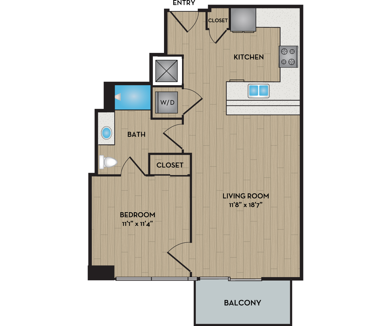 Floor plan for 1 bed, 1 bath, 679 sqft
