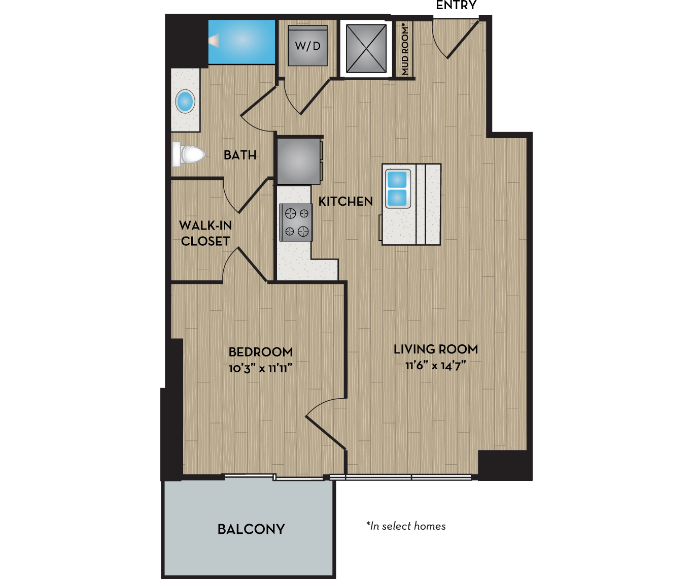 Floor plan for 1 bed, 1 bath, 724 sqft