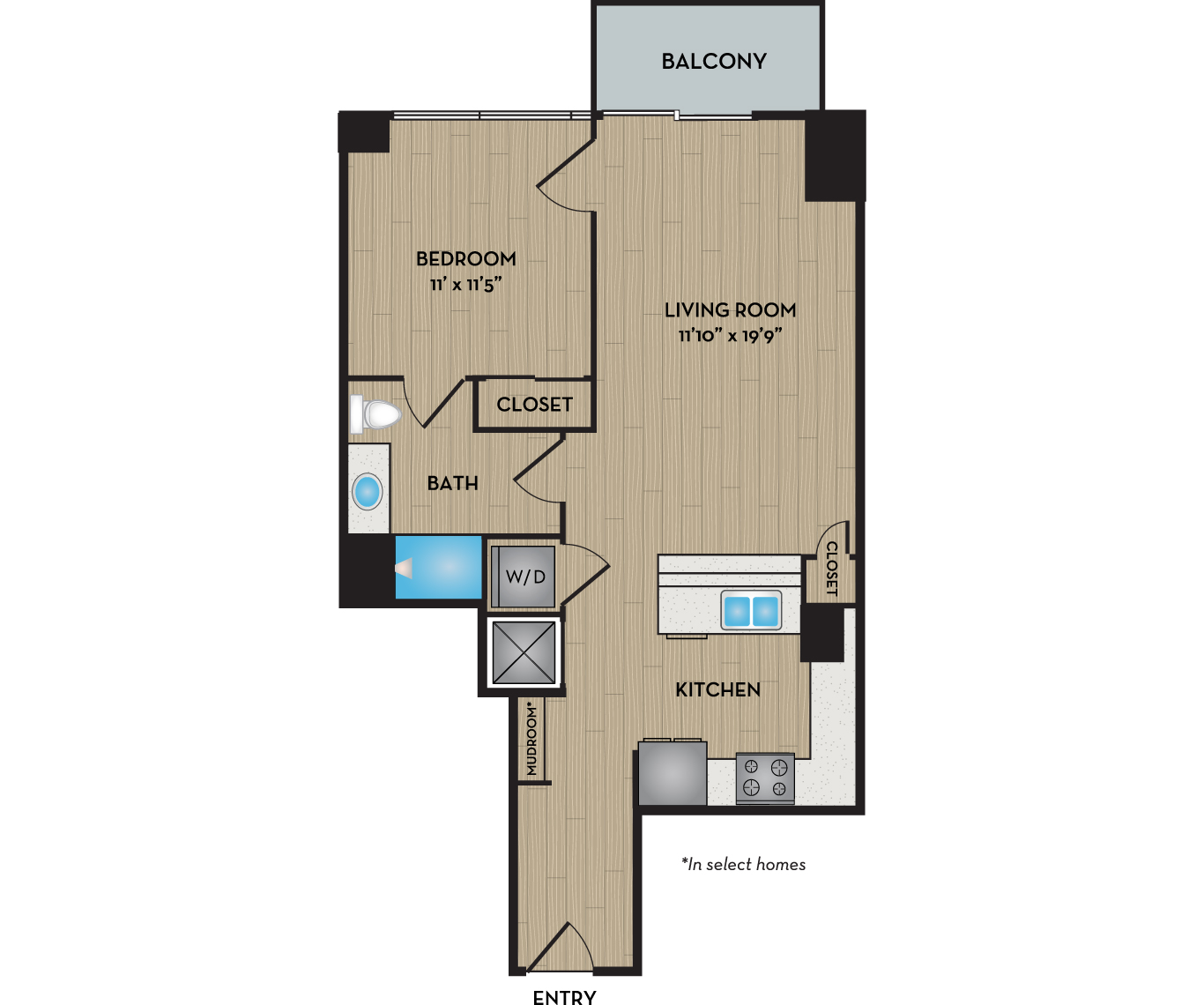 Floor plan for 1 bed, 1 bath, 760 sqft