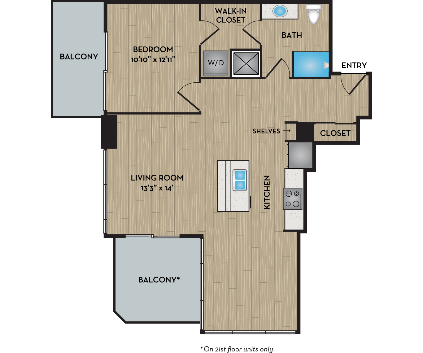 Floor plan for 1 bed, 1 bath, 948 sqft