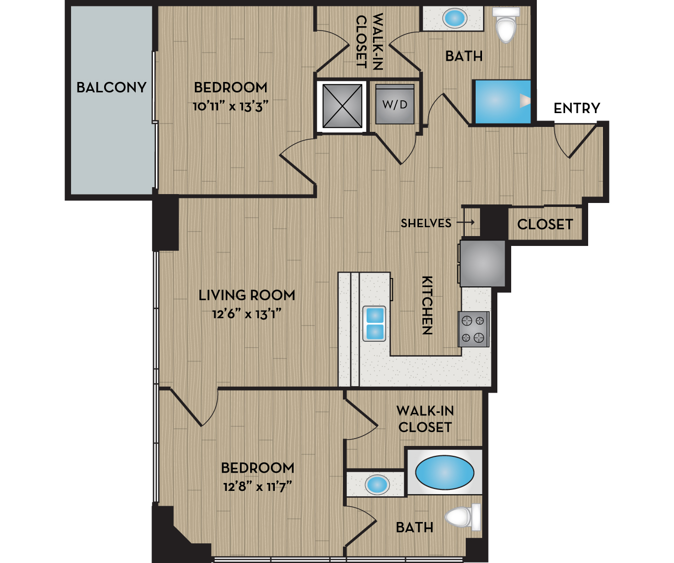 Floor plan for 2 beds, 2 baths, 1079 sqft