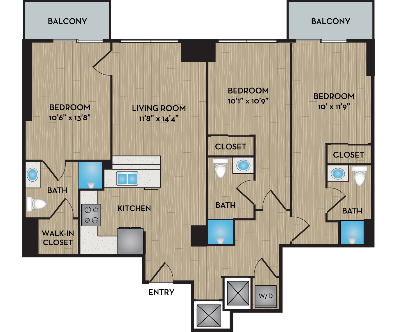 Floor plan for 3 beds, 3 baths, 1217 sqft