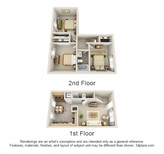 Floor plan for 3 beds, 2 baths, 997 sqft