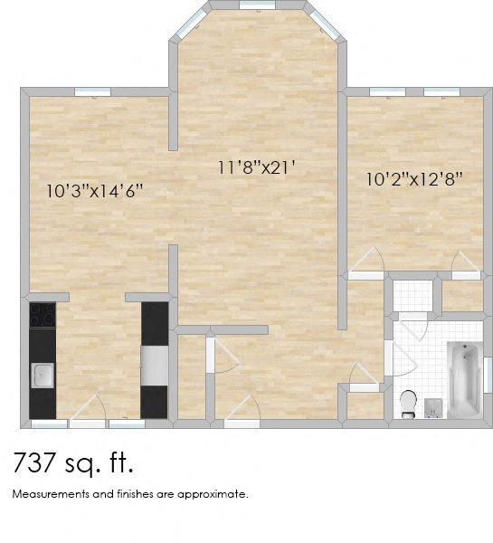 Floor plan for 1 bed, 1 bath, 737 sqft