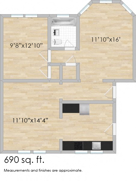Floor plan for 1 bed, 1 bath, 737 sqft