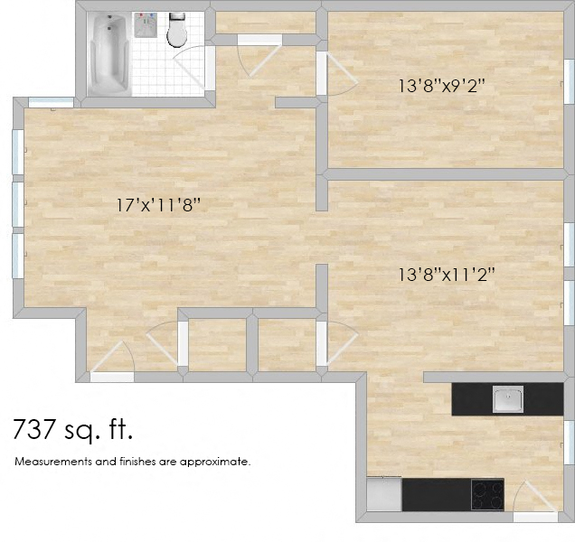 Floor plan for 1 bed, 1 bath, 714 sqft