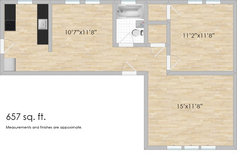 Floor plan for 1 bed, 1 bath, 647 sqft