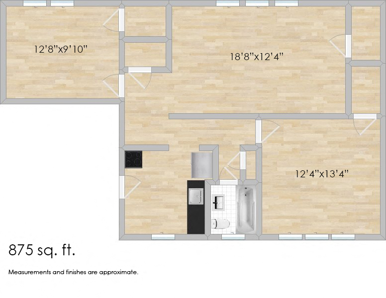 Floor plan for 2 beds, 1 bath, 876 sqft