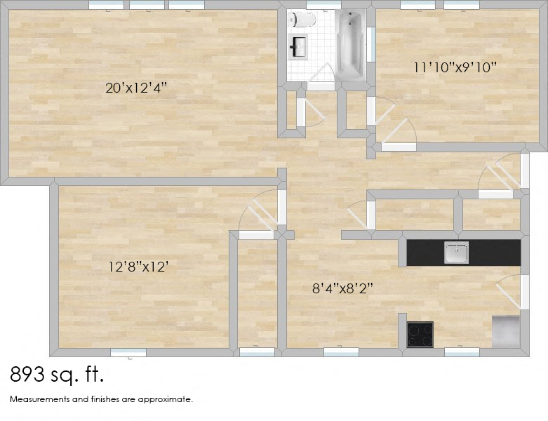 Floor plan for 2 beds, 1 bath, 893 sqft