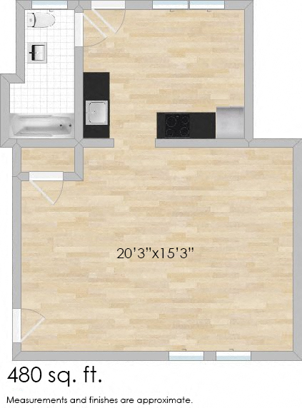 Floor plan for studio, 1 bath, 600 sqft
