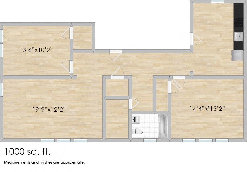 Floor plan for 2 beds, 1 bath, 1031 sqft