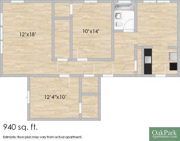 Floor plan for 2 beds, 1 bath, 1022 sqft