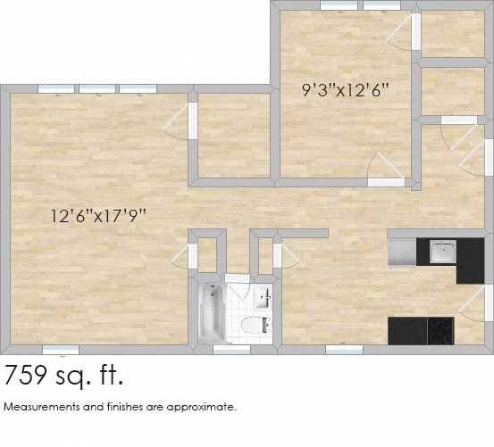 Floor plan for 1 bed, 1 bath, 759 sqft