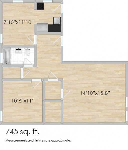 Floor plan for 1 bed, 1 bath, 743 sqft