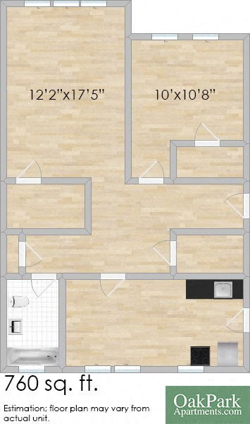 Floor plan for 1 bed, 1 bath, 760 sqft