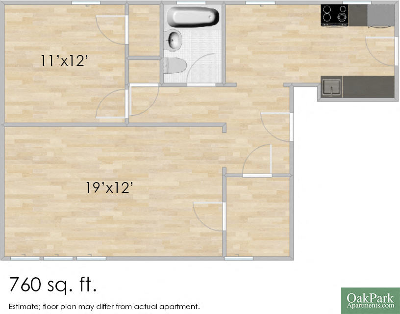 Floor plan for 1 bed, 1 bath, 762 sqft