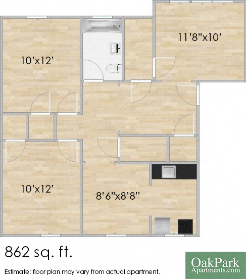 Floor plan for 2 beds, 1 bath, 862 sqft