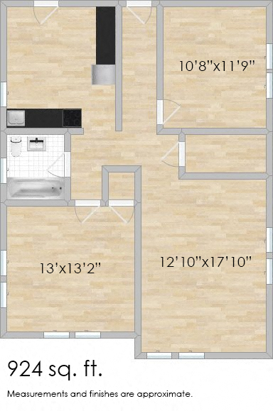 Floor plan for 2 beds, 1 bath, 924 sqft