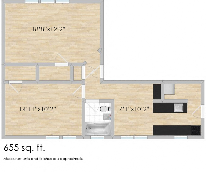 Floor plan for 1 bed, 1 bath, 655 sqft
