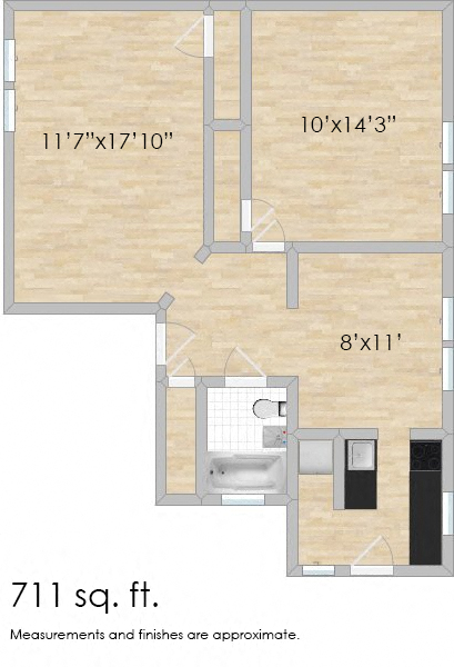 Floor plan for 1 bed, 1 bath, 711 sqft