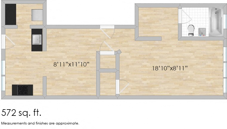 Floor plan for studio, 1 bath, 572 sqft