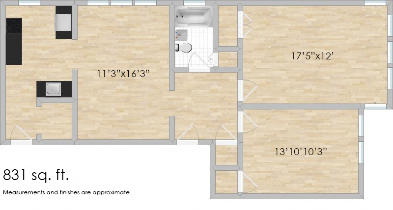 Floor plan for 2 beds, 1 bath, 831 sqft