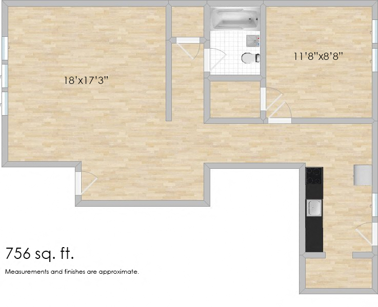 Floor plan for 1 bed, 1 bath, 756 sqft