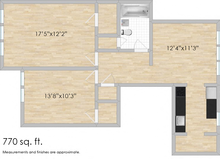 Floor plan for 2 beds, 1 bath, 770 sqft