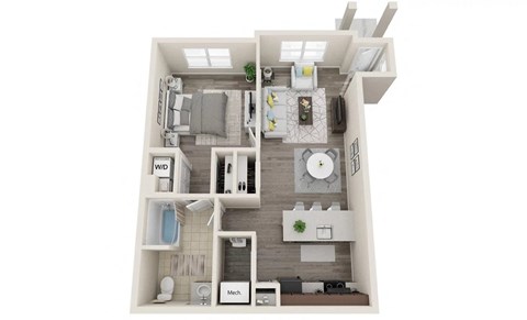 Floor plan for 1 bed, 1 bath, 753 sqft