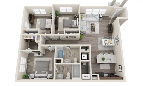 Floor plan for 3 beds, 2 baths, 1286 sqft