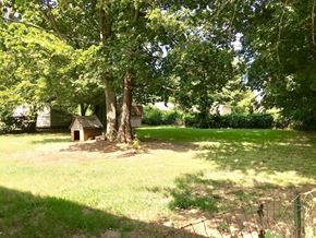 Tulsa house for rent - A small house is surrounded by trees in a grassy area.
