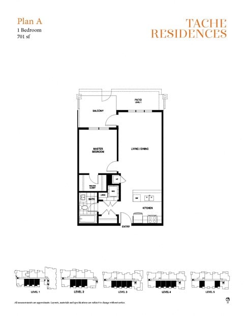 Floor plan for 1 bed, 1 bath, 701 sqft