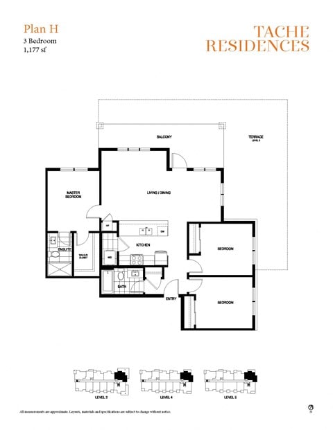Floor plan for 3 beds, 2 baths, 1177 sqft