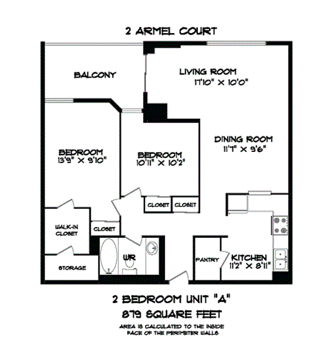 Floor plan for 2 beds, 1 bath, 882 sqft