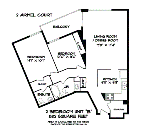 Floor plan for 2 beds, 1 bath, 882 sqft