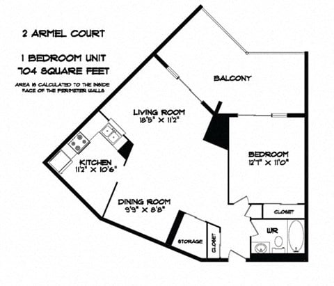 Floor plan for 1 bed, 1 bath, 879 sqft