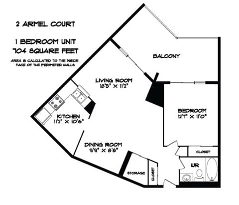 Floor plan for 1 bed, 1 bath, 704 sqft