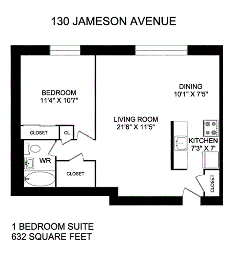 Floor plan for 1 bed, 1 bath, 632 sqft