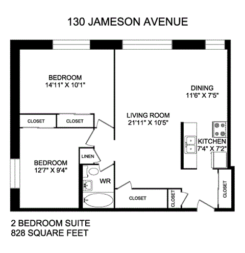 Floor plan for 2 beds, 1 bath, 828 sqft