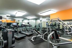 Washington apartment for rent - a gym with cardio equipment and mirrors in a building