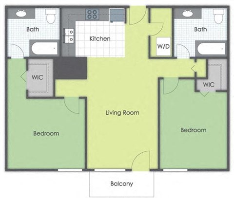 Floor plan for 2 beds, 2 baths, 1102 sqft
