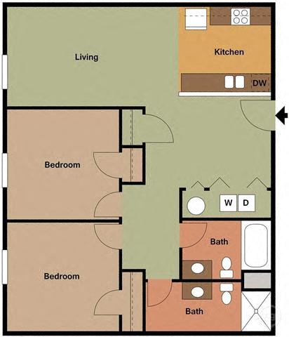 Floor plan for 2 beds, 2 baths, 860 sqft