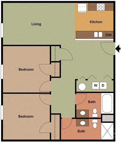 Floor plan for 2 beds, 2 baths, 932 sqft