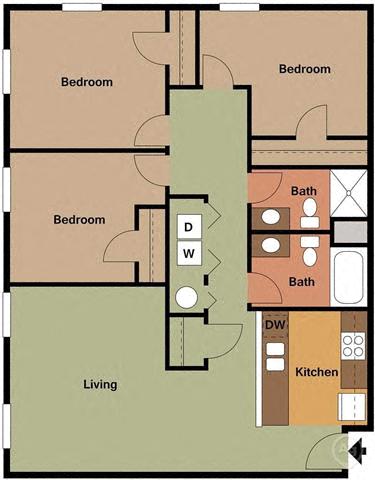Floor plan for 3 beds, 2 baths, 1134 sqft