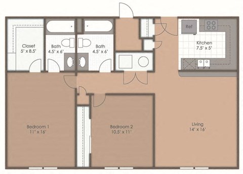 Floor plan for 2 beds, 2 baths, 1102 sqft