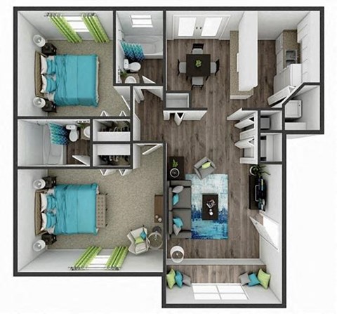 Floor plan for 2 beds, 2 baths, 1020 sqft