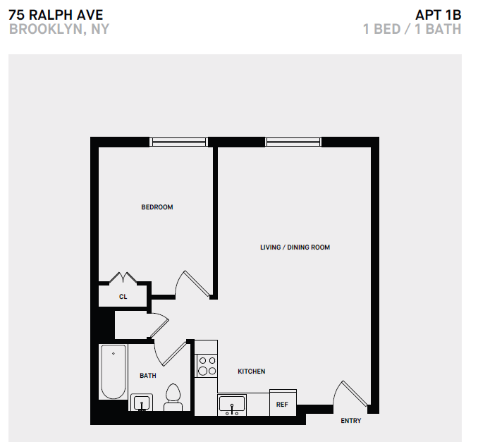 Floor plan for 2 beds, 1 bath, 554 sqft