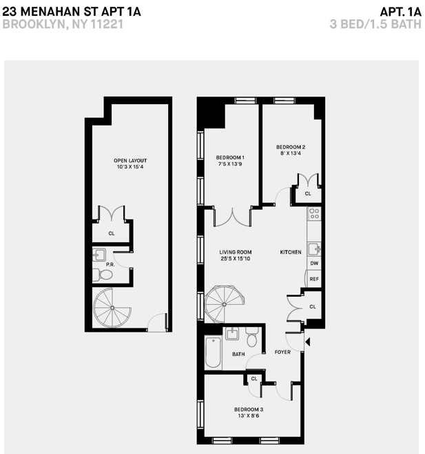 Floor plan for 3 beds, 1.5 baths, 766 sqft